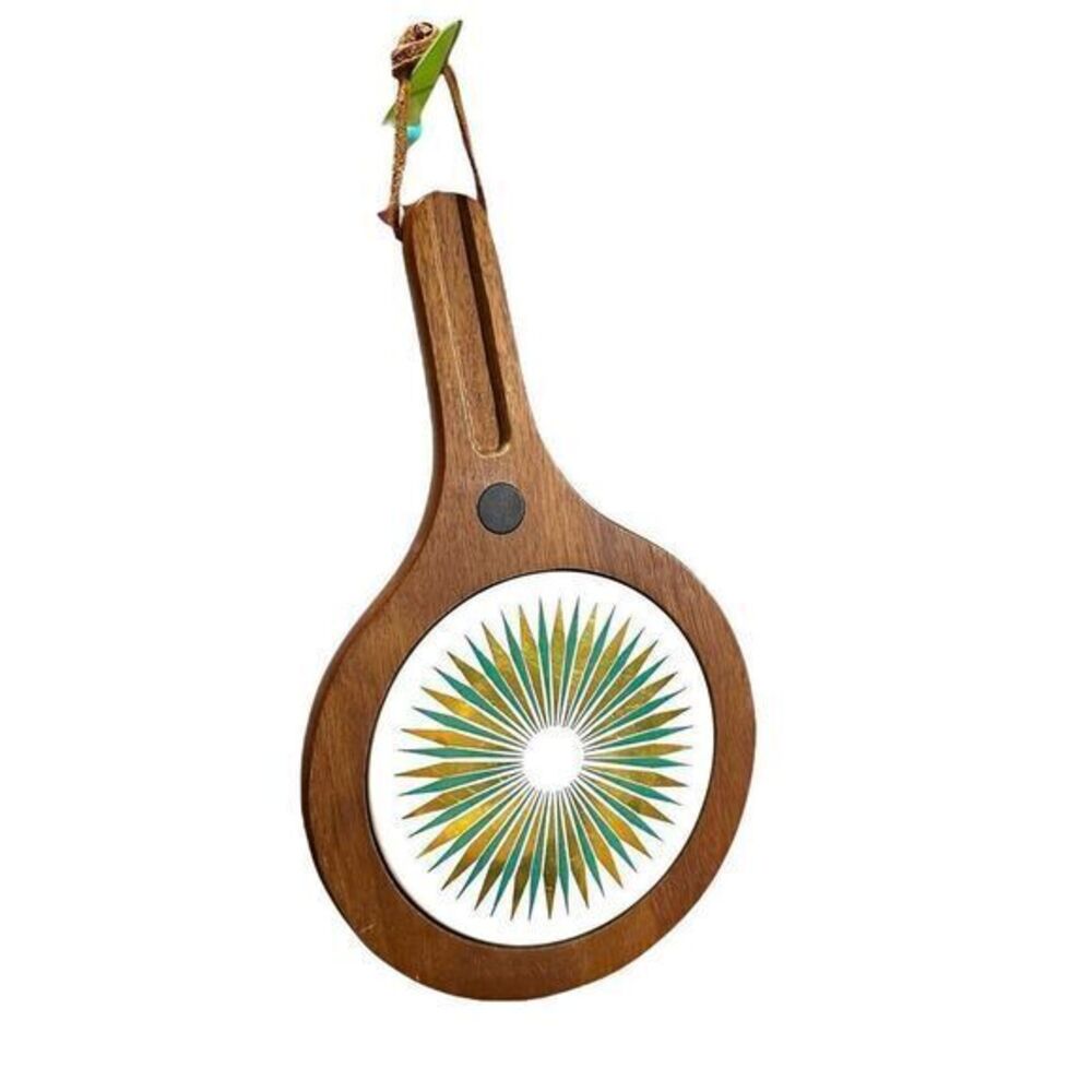 MCM Colors Ceramic Tile Trivet & Solid Wood Cheese Board w/Magnet Hanging 1960’s